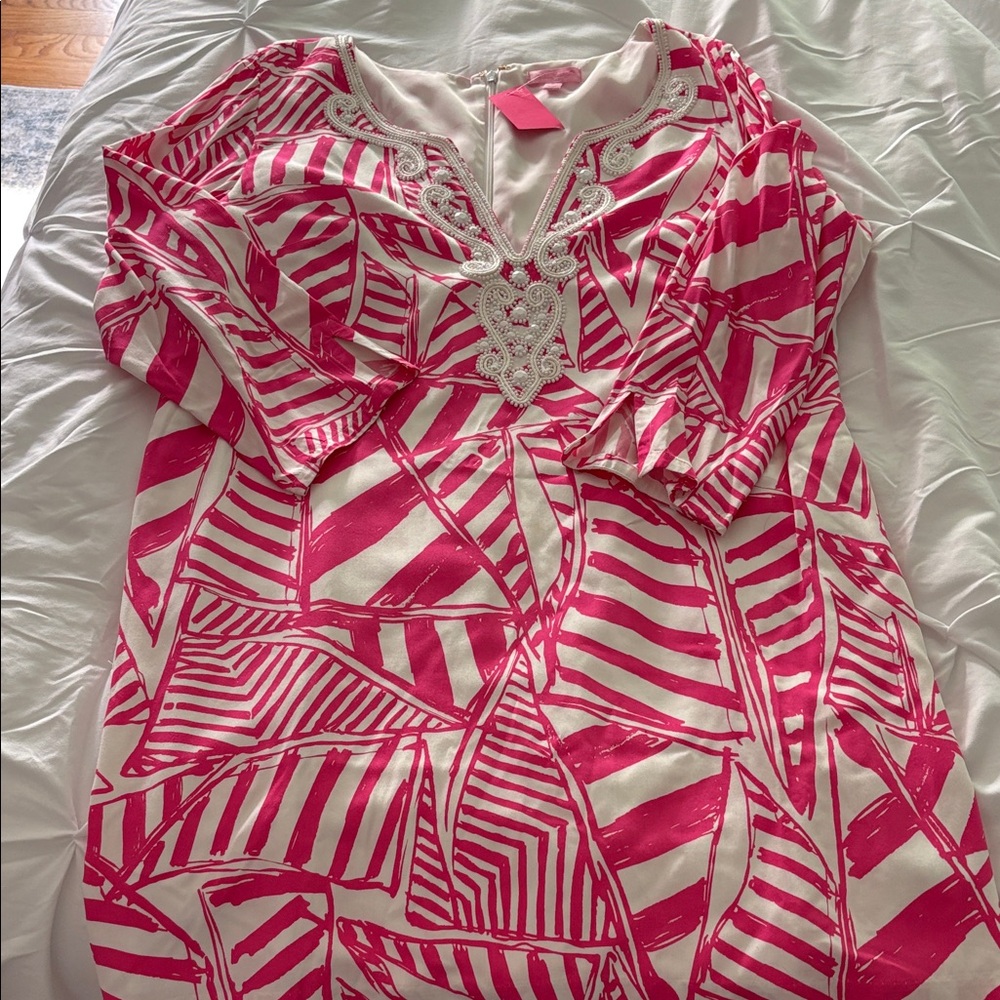 Lilly Pulitzer NWT Sz L Julianna Pink & White Yacht Beaded Dress